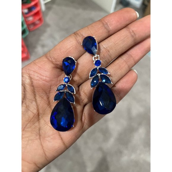 Royal blue earring long teardrop electric dangle rhinestone crystal blue 2.25” - Picture 5 of 9